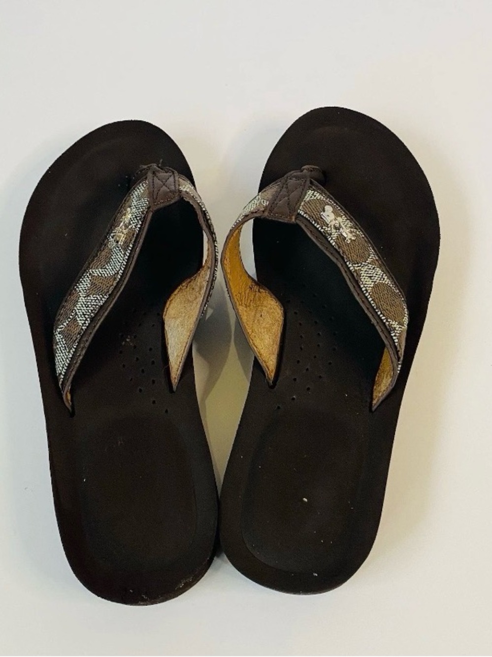 Women's Brown Flip Flop Sandals with Metallic Snake-Print Straps Size 6.5B